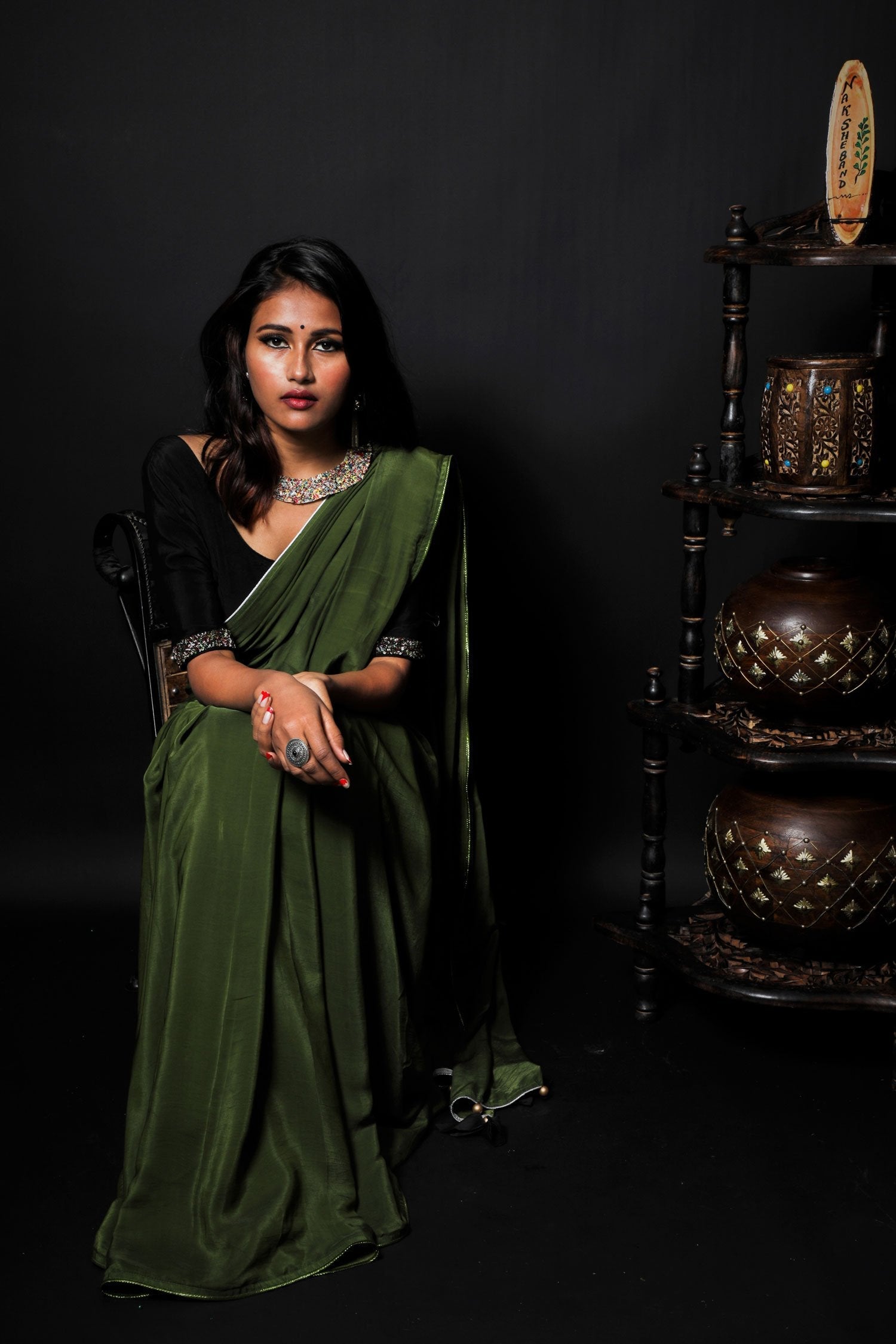 Olive Green Color Designer Saree - Burnt Olive - Naksheband