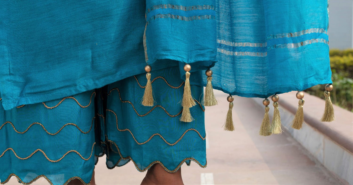 Pure Moonga Silk Suit Set Gotta Patti Embroidery - Russian - Naksheband