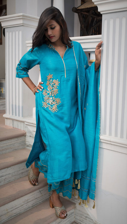 Olympic Blue Color Pure Muga Silk Suit Set Gotta Patti Embroidery - Russian - Naksheband