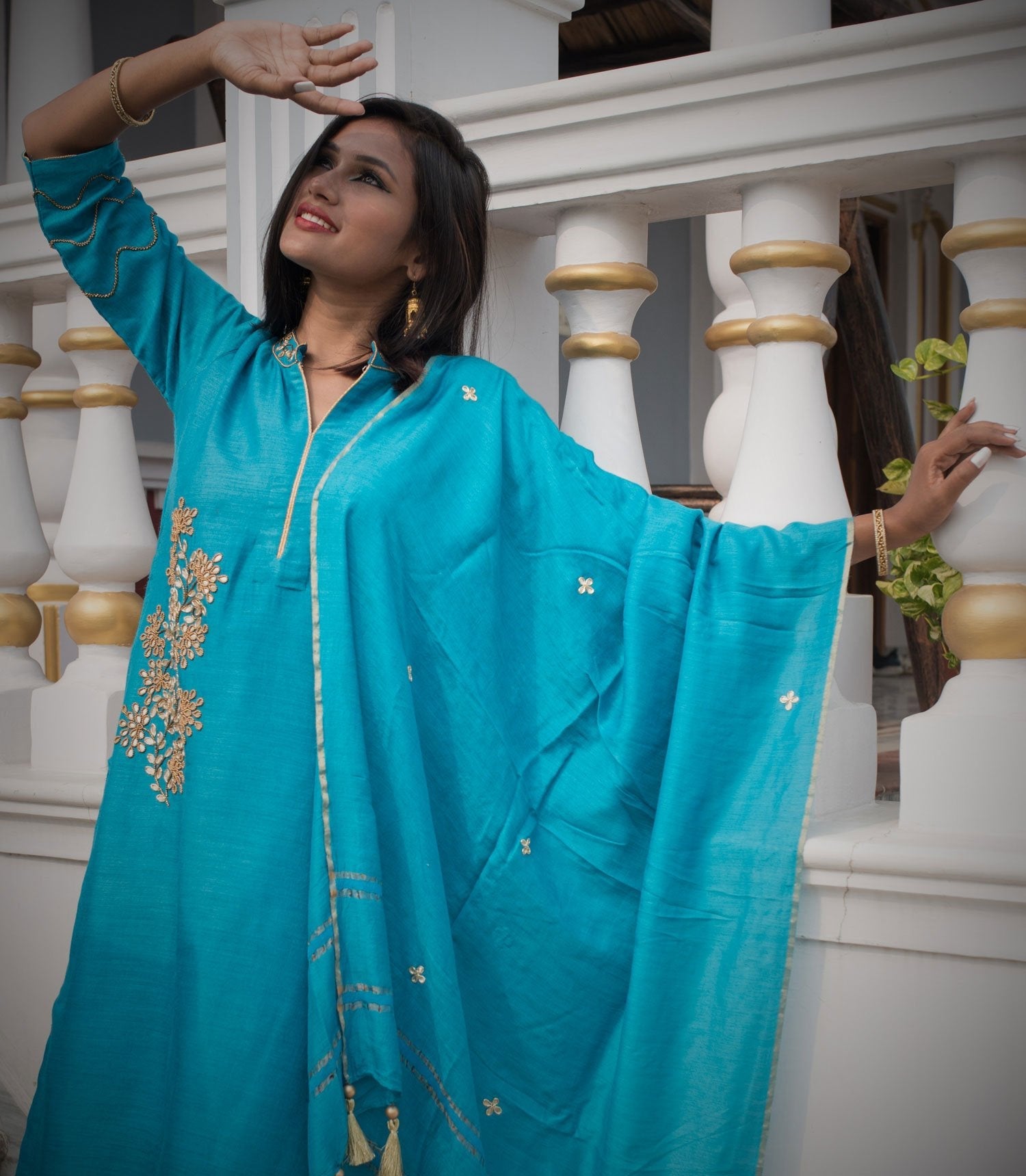 Olympic Blue Color Pure Muga Silk Suit Set Gotta Patti Embroidery - Russian - Naksheband