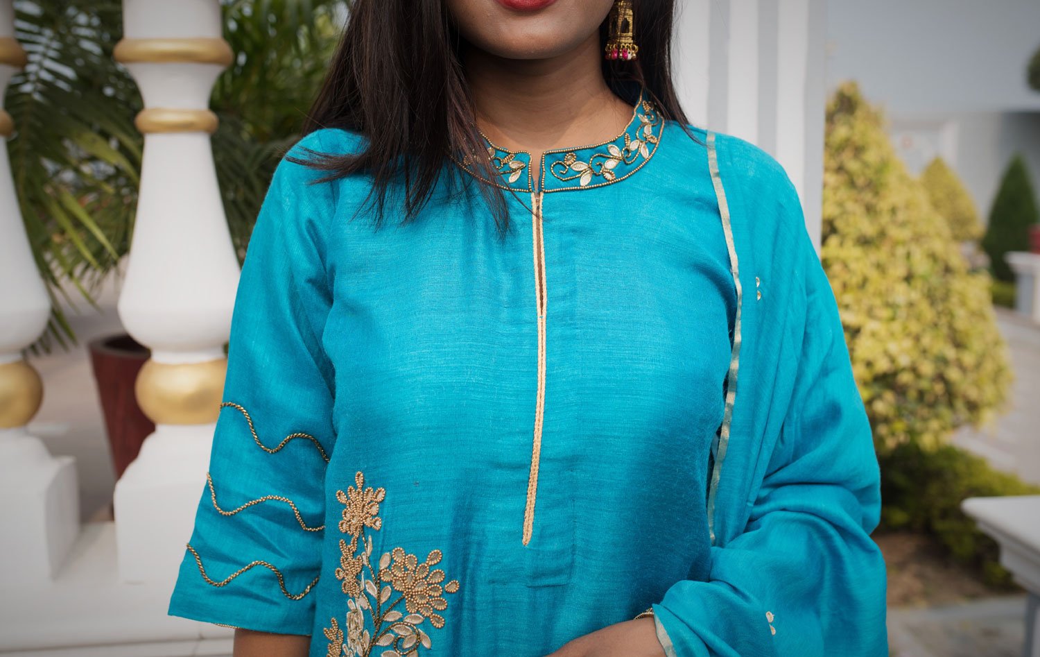 Olympic Blue Color Pure Muga Silk Suit Set Gotta Patti Embroidery - Russian - Naksheband