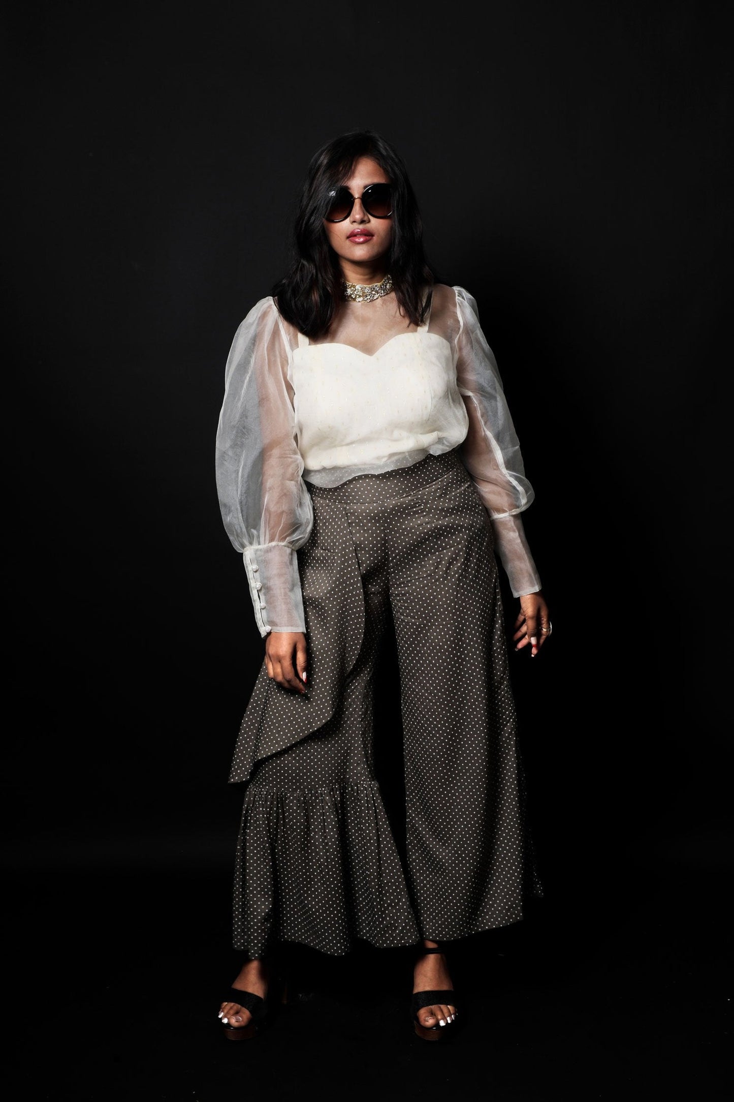 Greenish Grey And White Color Indowestern Designer Plazzo Top Set - Gravel - Naksheband