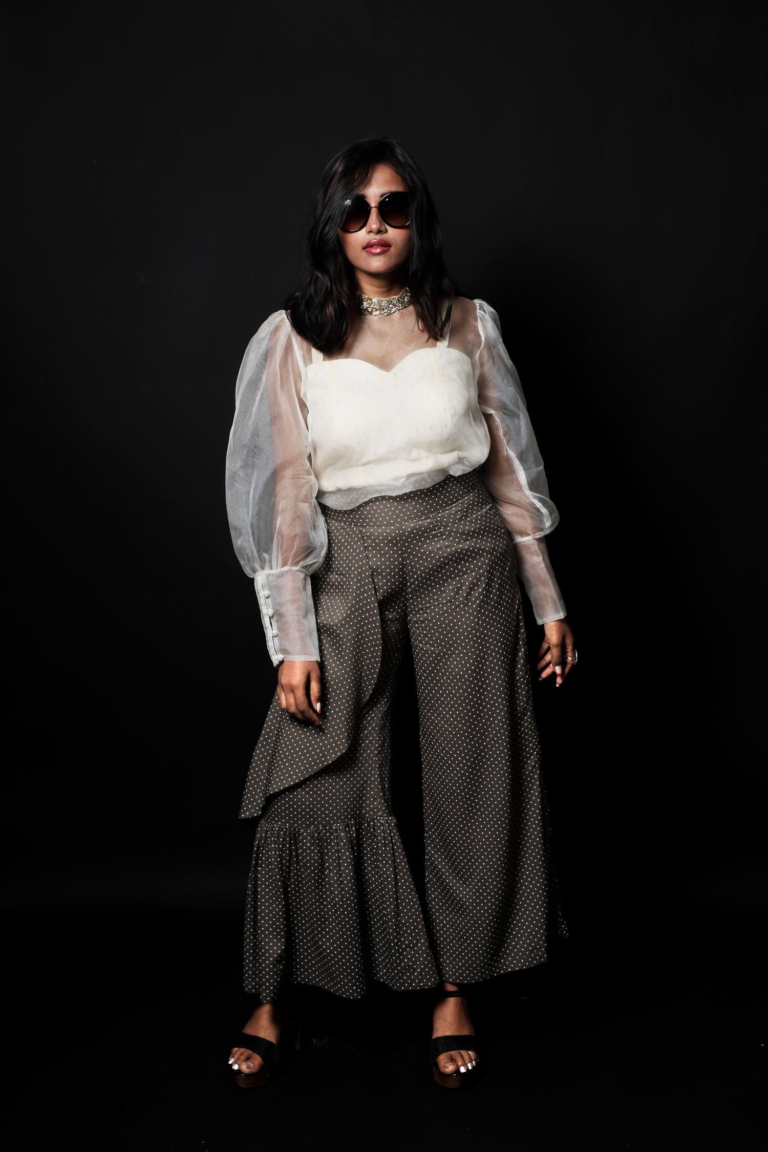 Greenish Grey And White Color Indowestern Designer Plazzo Top Set - Gravel - Naksheband