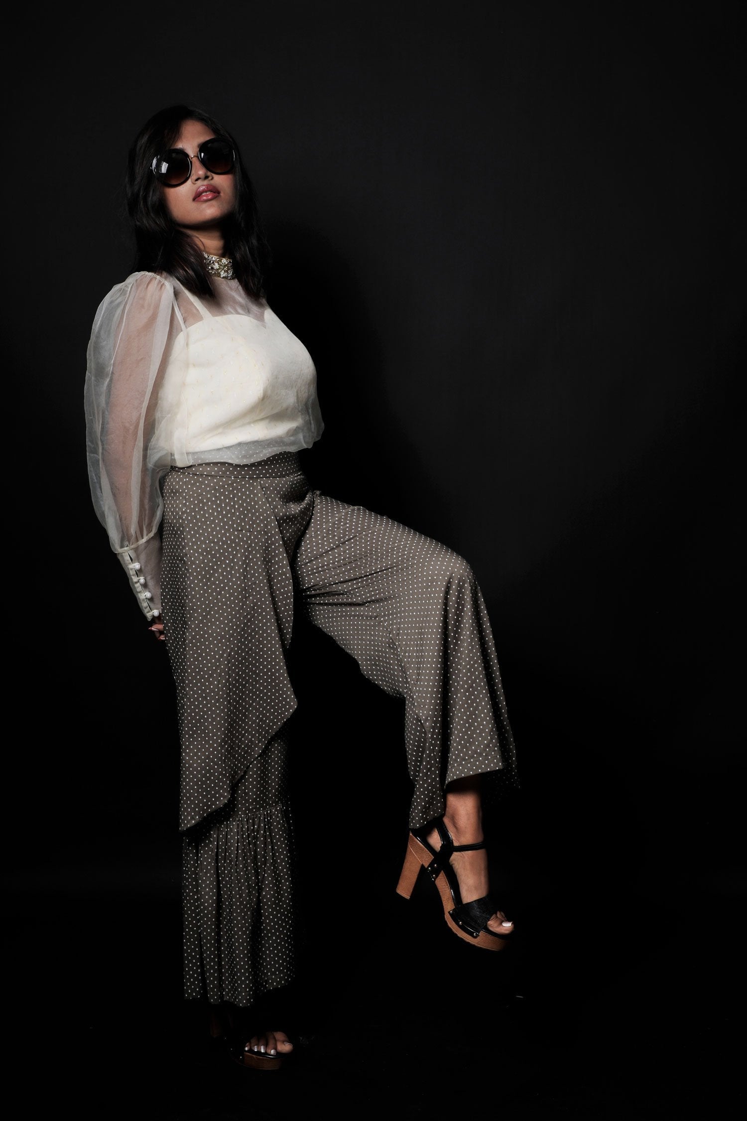 Greenish Grey And White Color Indowestern Designer Plazzo Top Set - Gravel - Naksheband