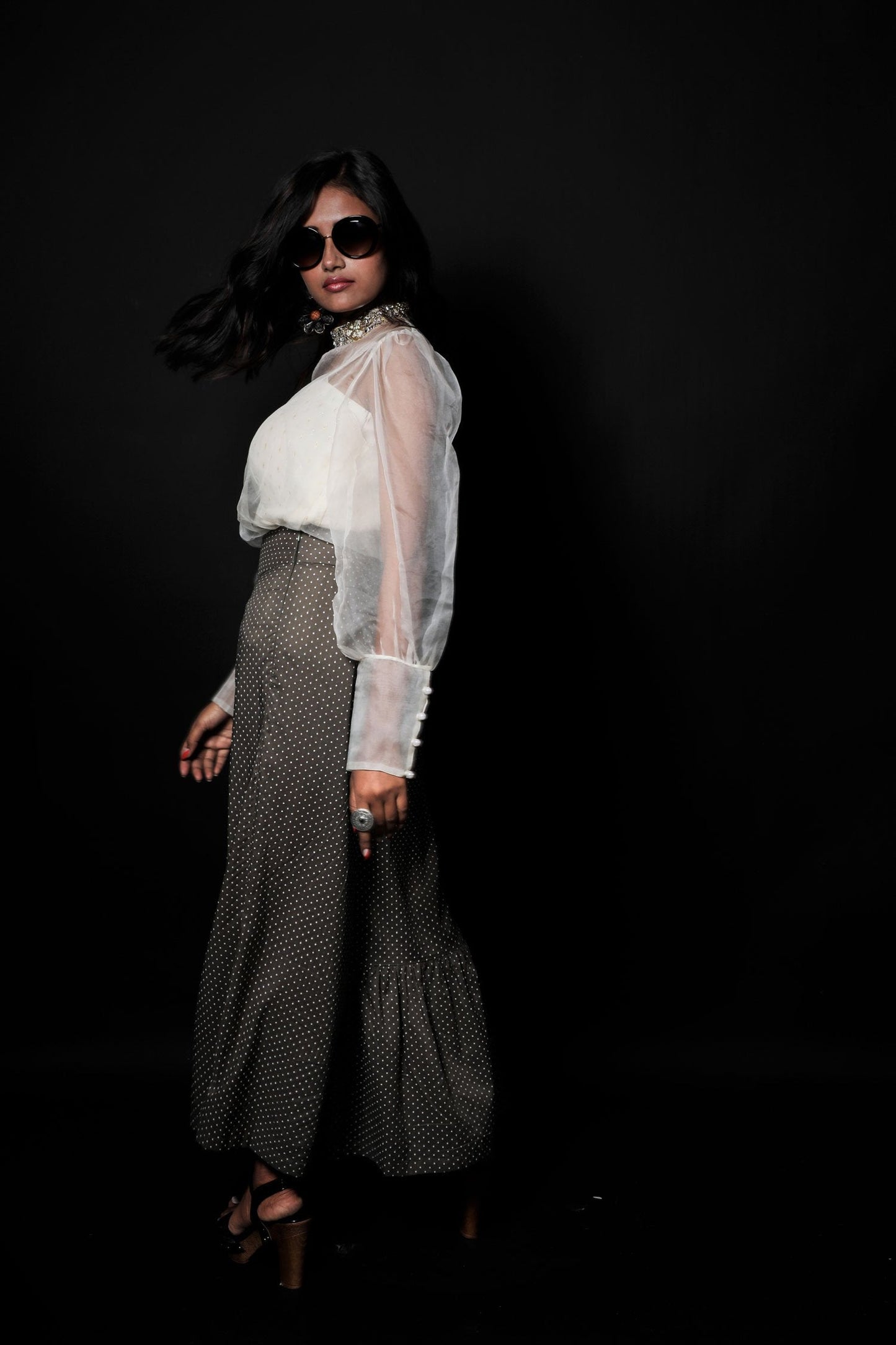Greenish Grey And White Color Indowestern Designer Plazzo Top Set - Gravel - Naksheband