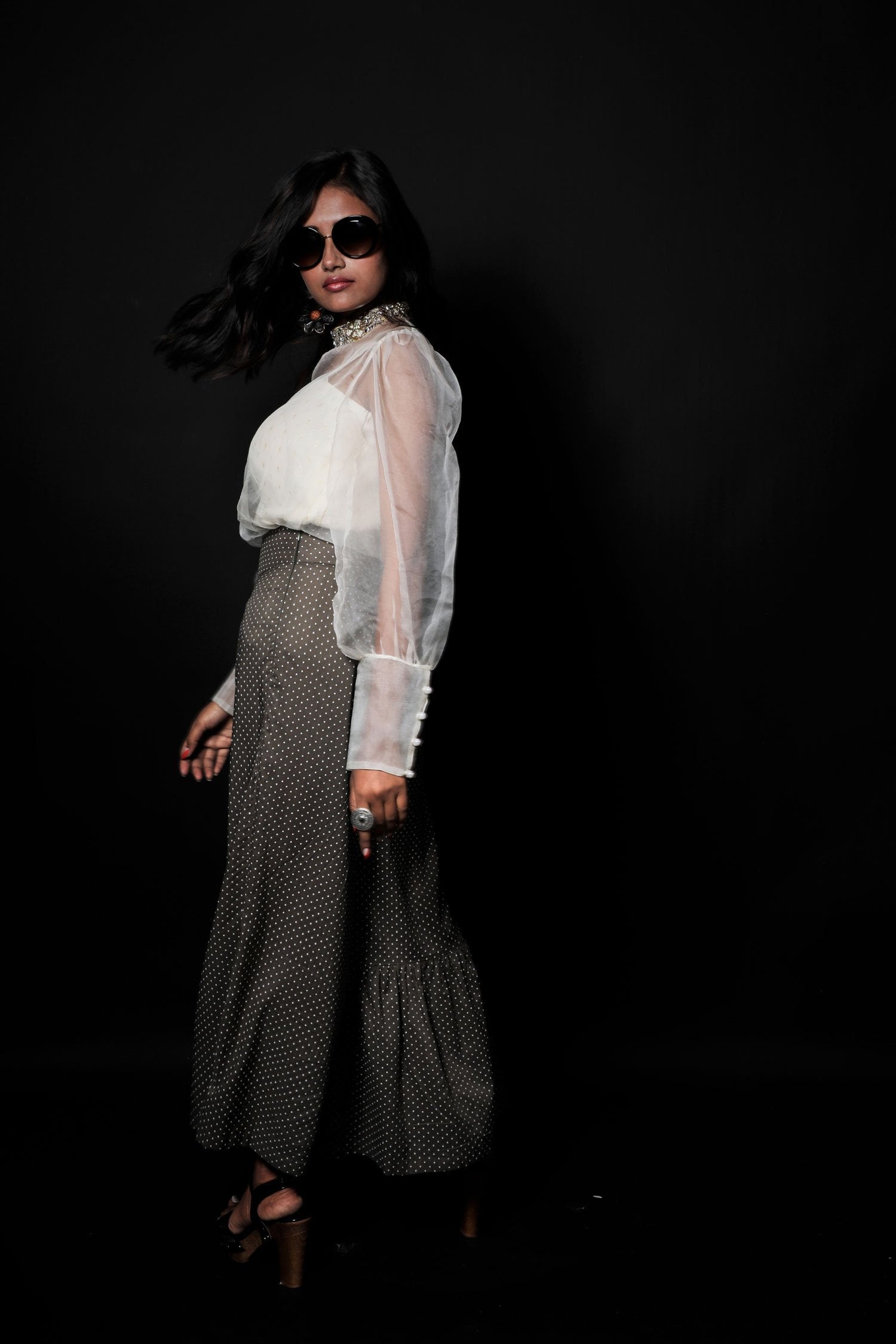 Greenish Grey And White Color Indowestern Designer Plazzo Top Set - Gravel - Naksheband
