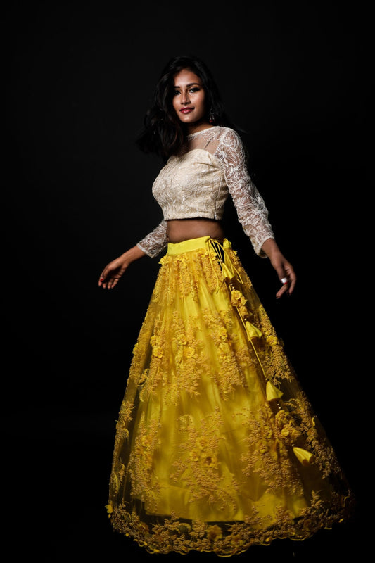 Beige And Yellow Color Indowestern Designer Skirt Set - Kings Gold - Naksheband