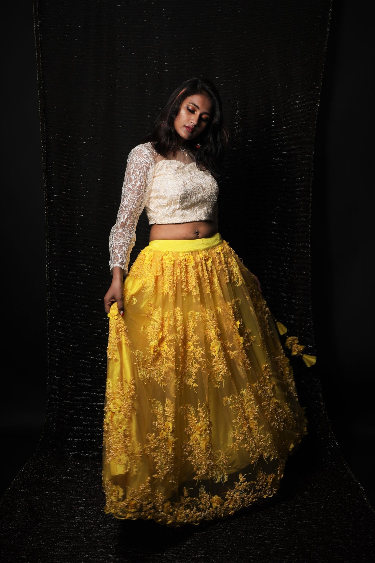 Beige And Yellow Color Indowestern Designer Skirt Set - Kings Gold - Naksheband