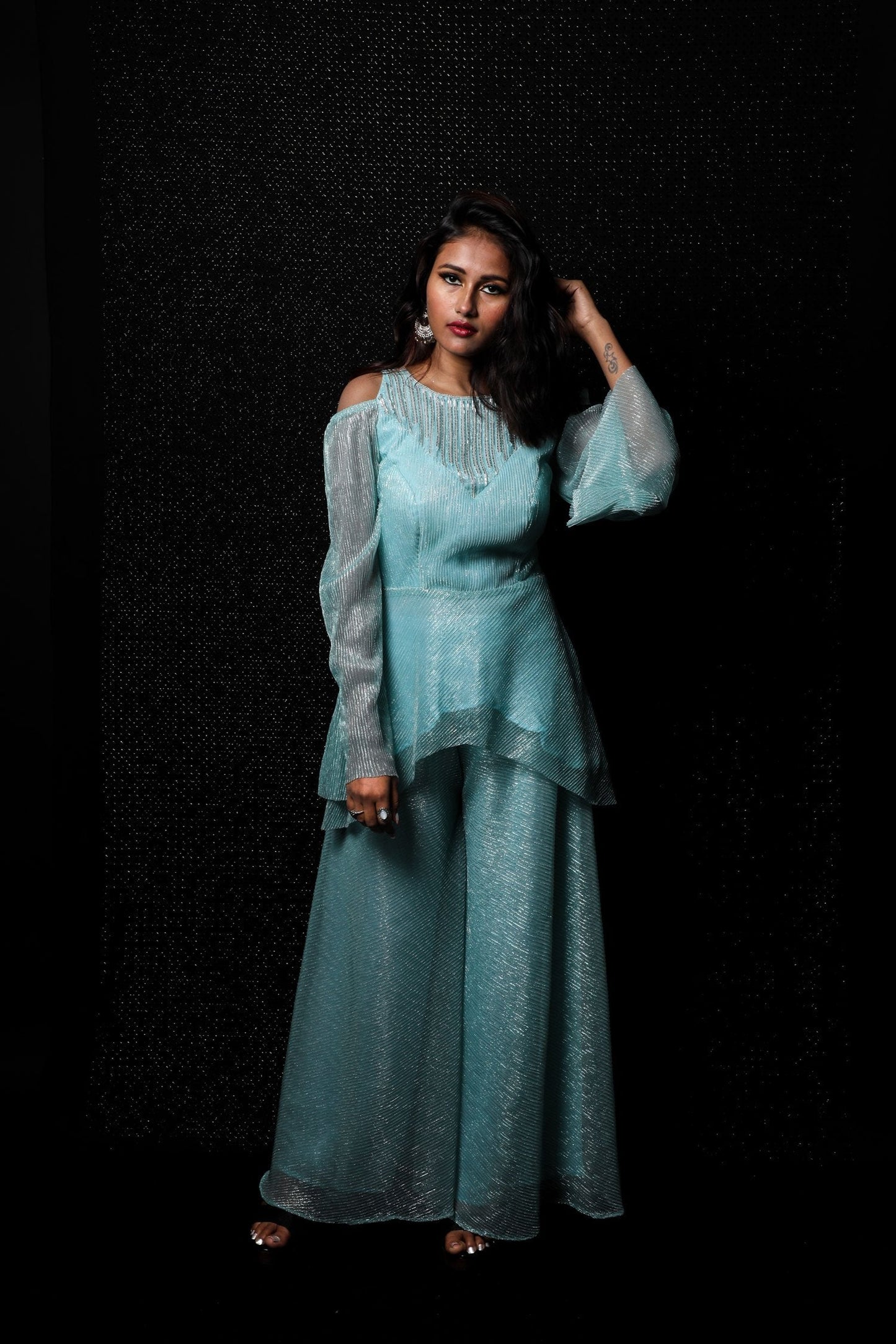 Indowestern Designer Sharara Peplum - Lagoon - Naksheband