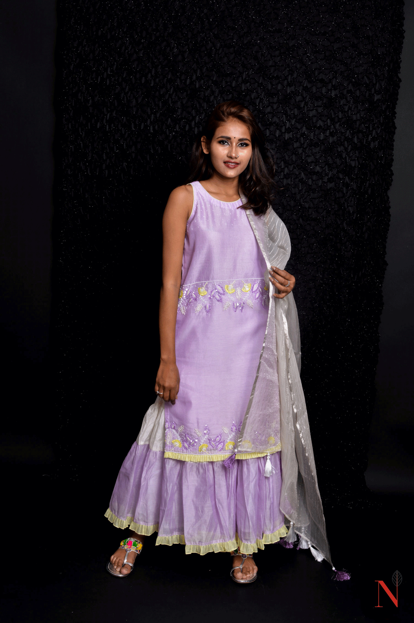 Lavender Color Teared Garara Silk Chanderi Set- Lavender Blush - Naksheband