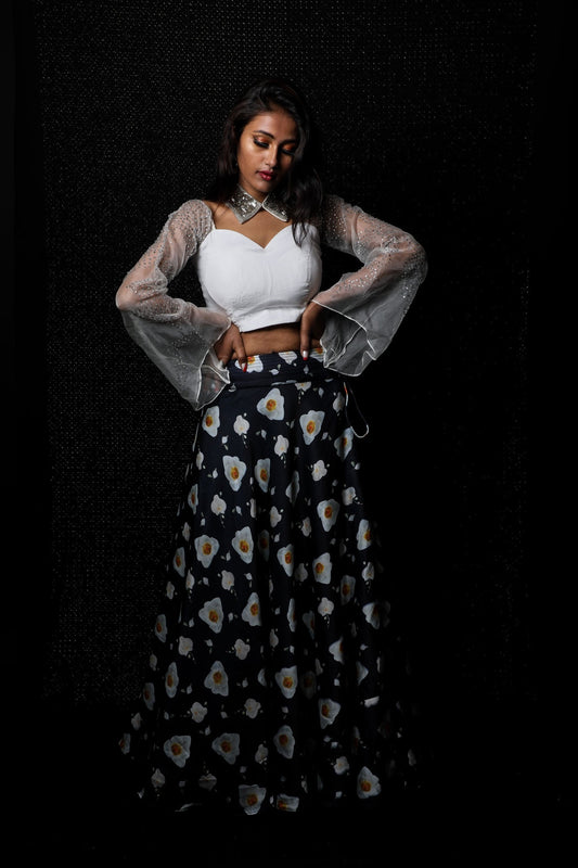 White And Floral Print Indowestern Designer Skirt Set - Lily White - Naksheband