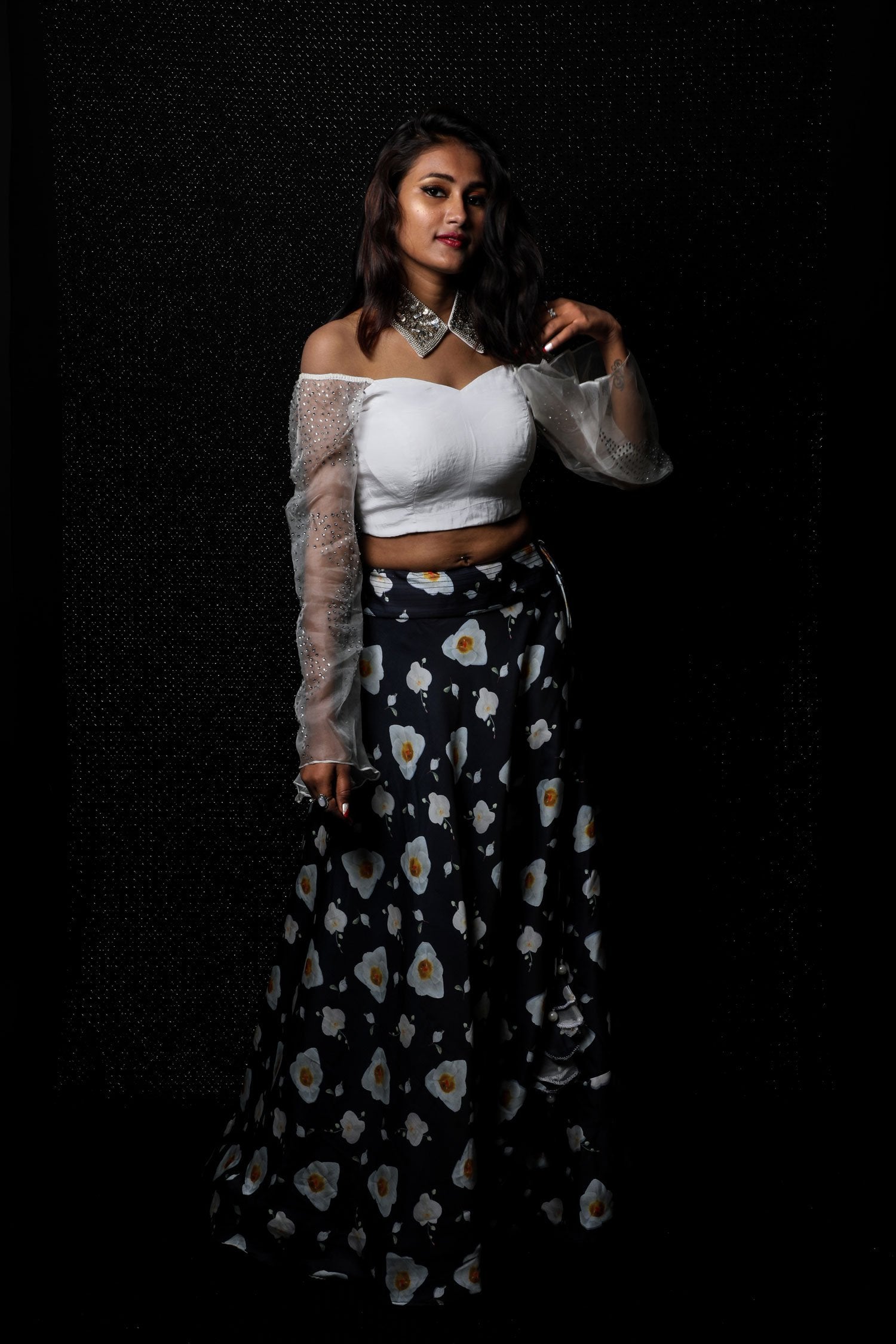 White And Floral Print Indowestern Designer Skirt Set - Lily White - Naksheband