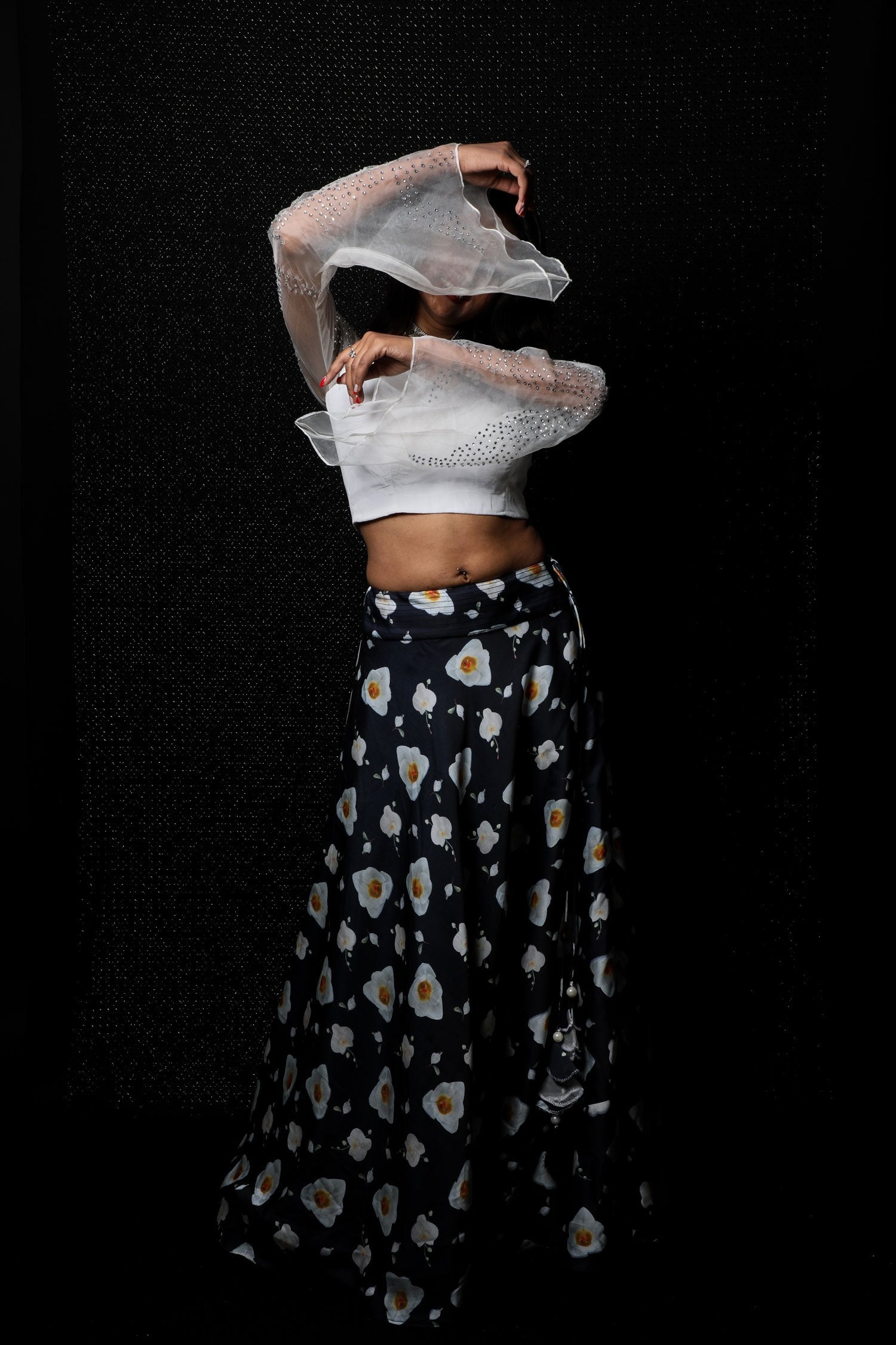 White And Floral Print Indowestern Designer Skirt Set - Lily White - Naksheband