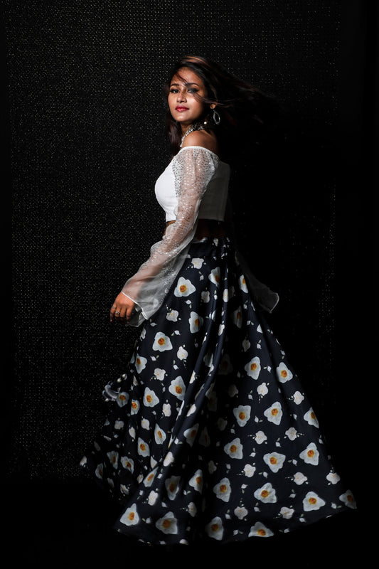 White And Floral Print Indowestern Designer Skirt Set - Lily White - Naksheband