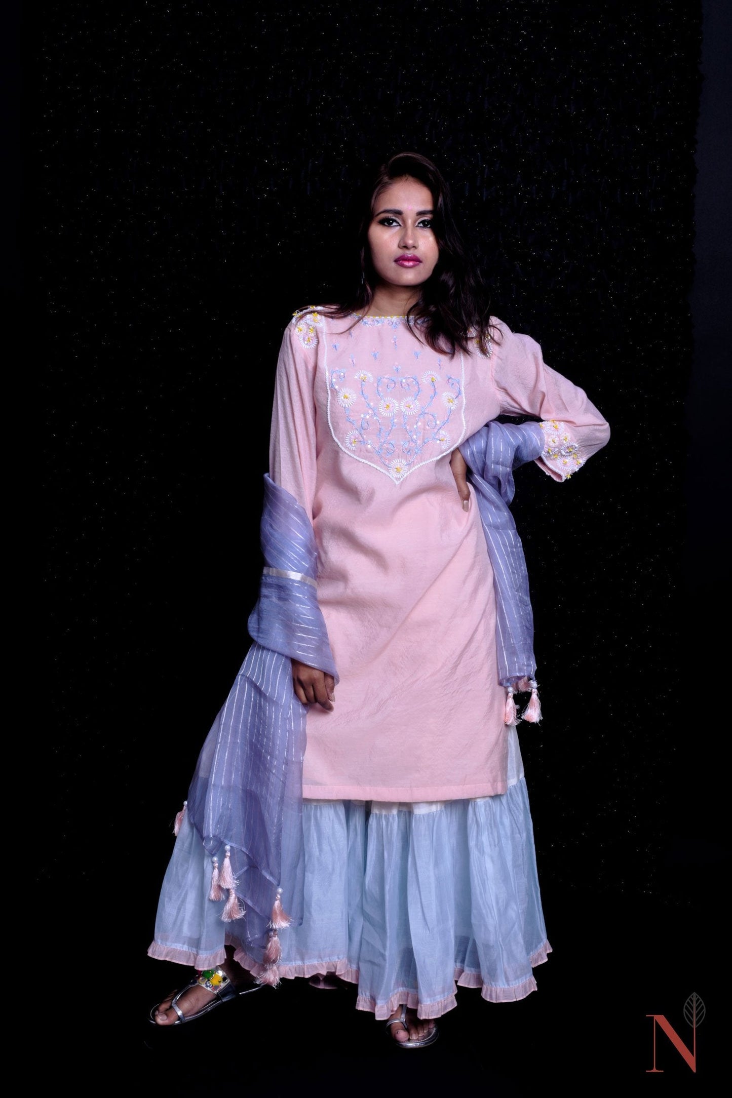 Pink And Blue Color Teared Garara Chanderi Silk Set - Loyalist - Naksheband