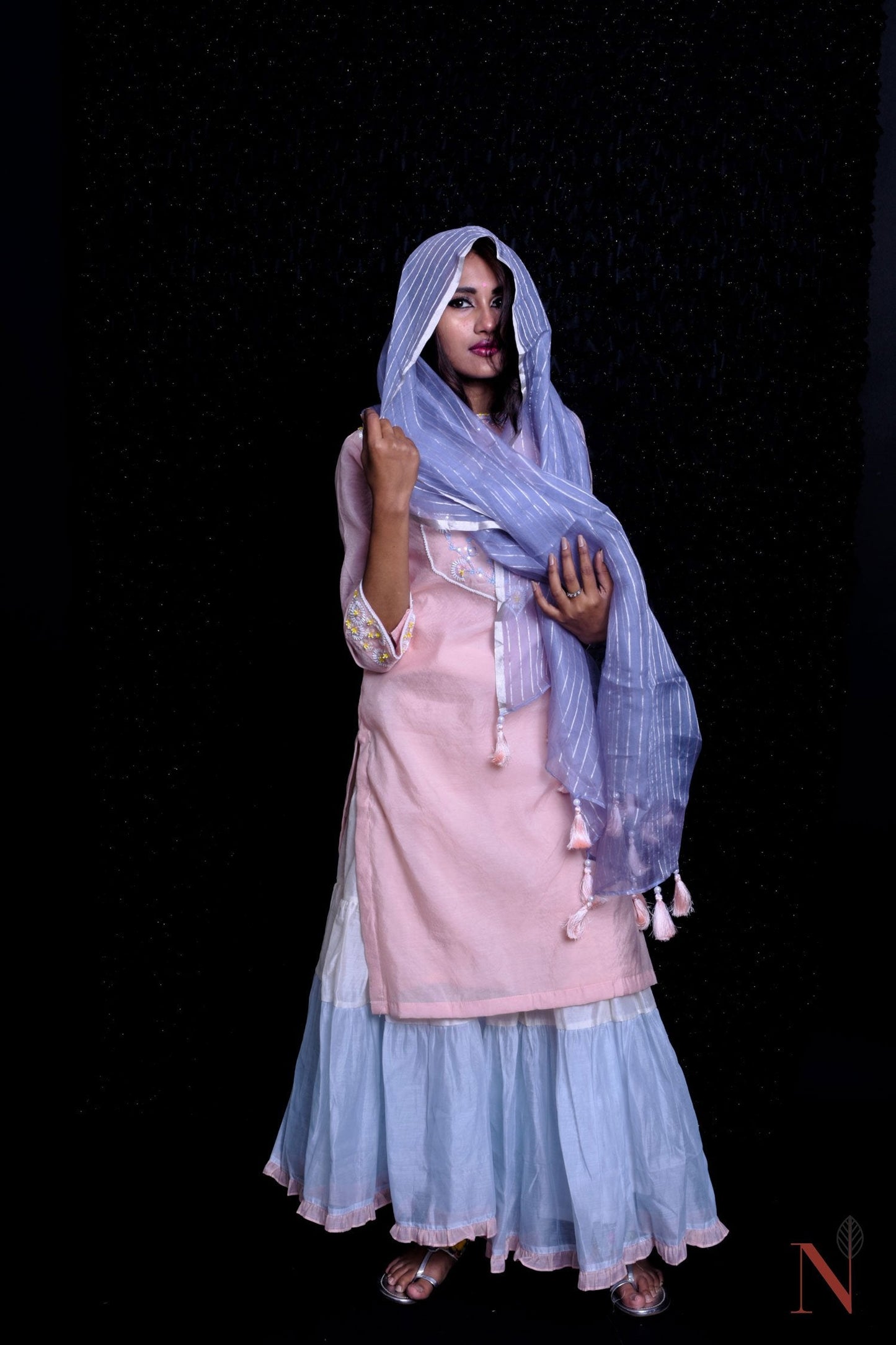Pink And Blue Color Teared Garara Chanderi Silk Set - Loyalist - Naksheband