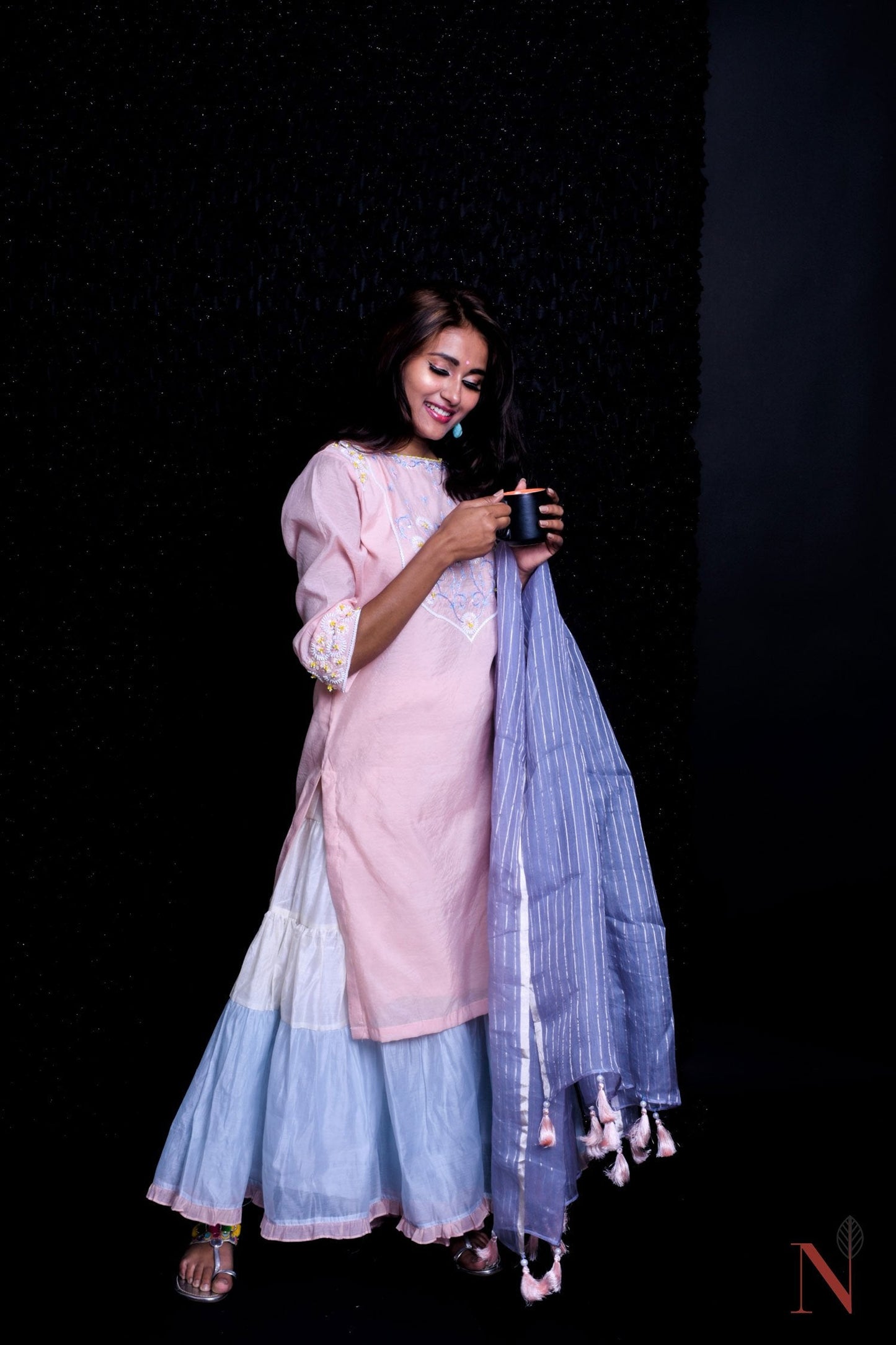 Pink And Blue Color Teared Garara Chanderi Silk Set - Loyalist - Naksheband