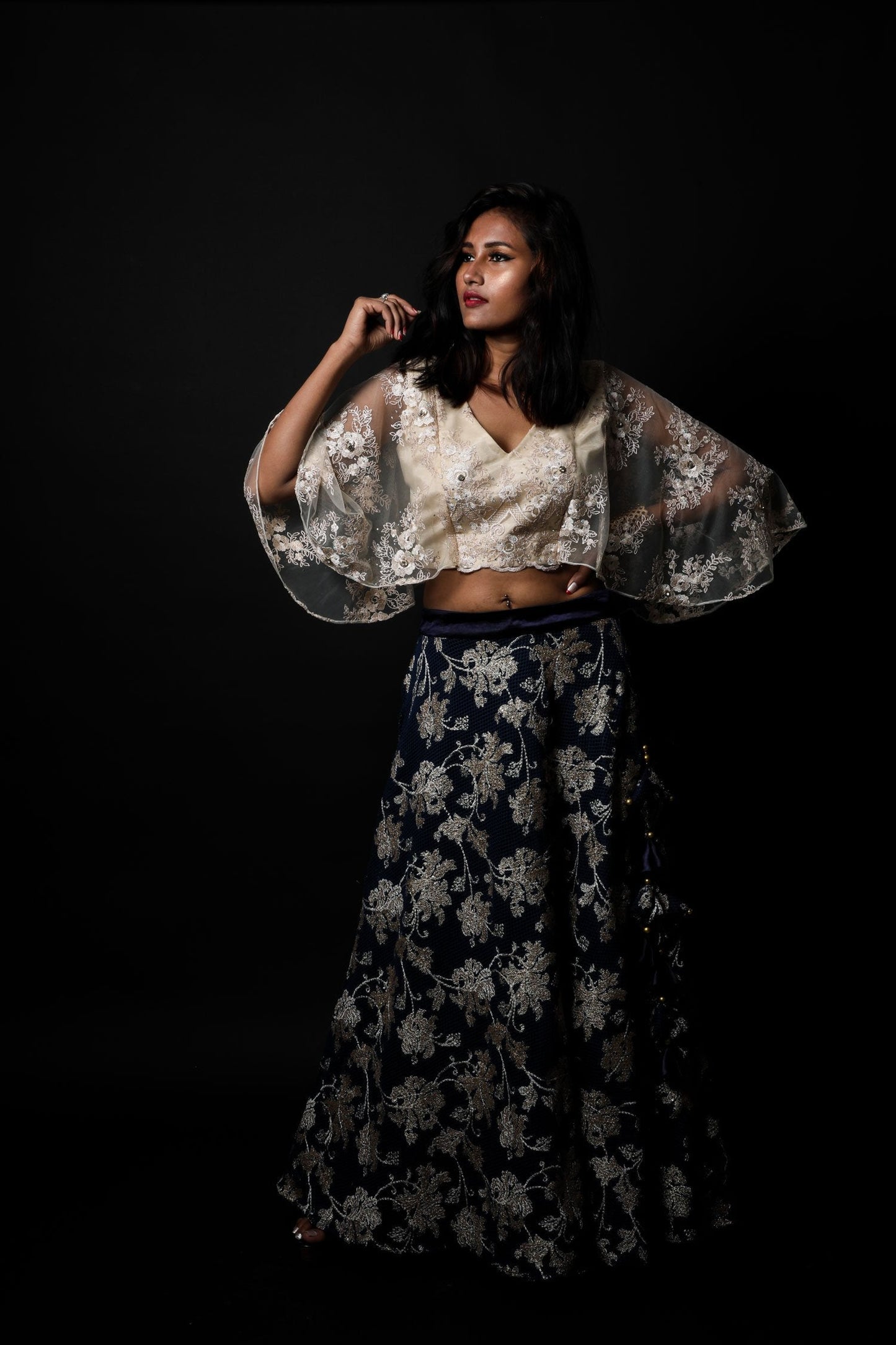 Persian Blue And Cream Color Indowestern Designer Skirt Set - Nightfall - Naksheband