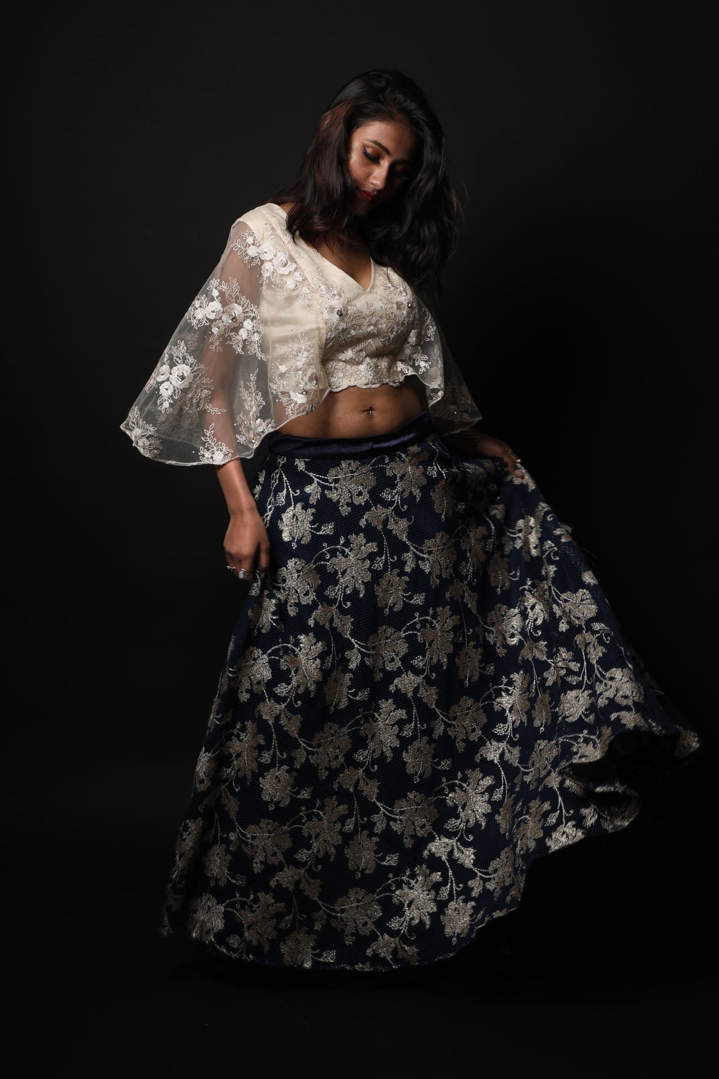 Persian Blue And Cream Color Indowestern Designer Skirt Set - Nightfall - Naksheband