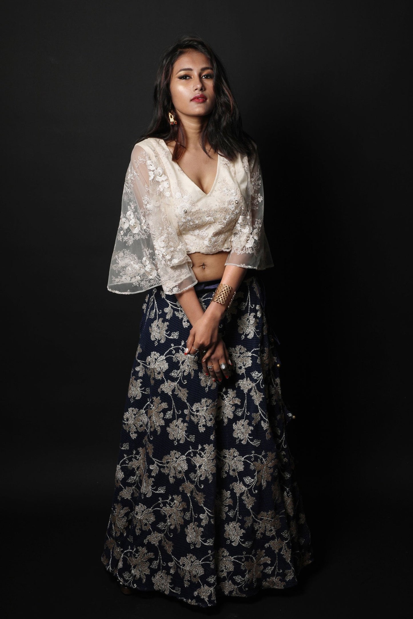 Persian Blue And Cream Color Indowestern Designer Skirt Set - Nightfall - Naksheband
