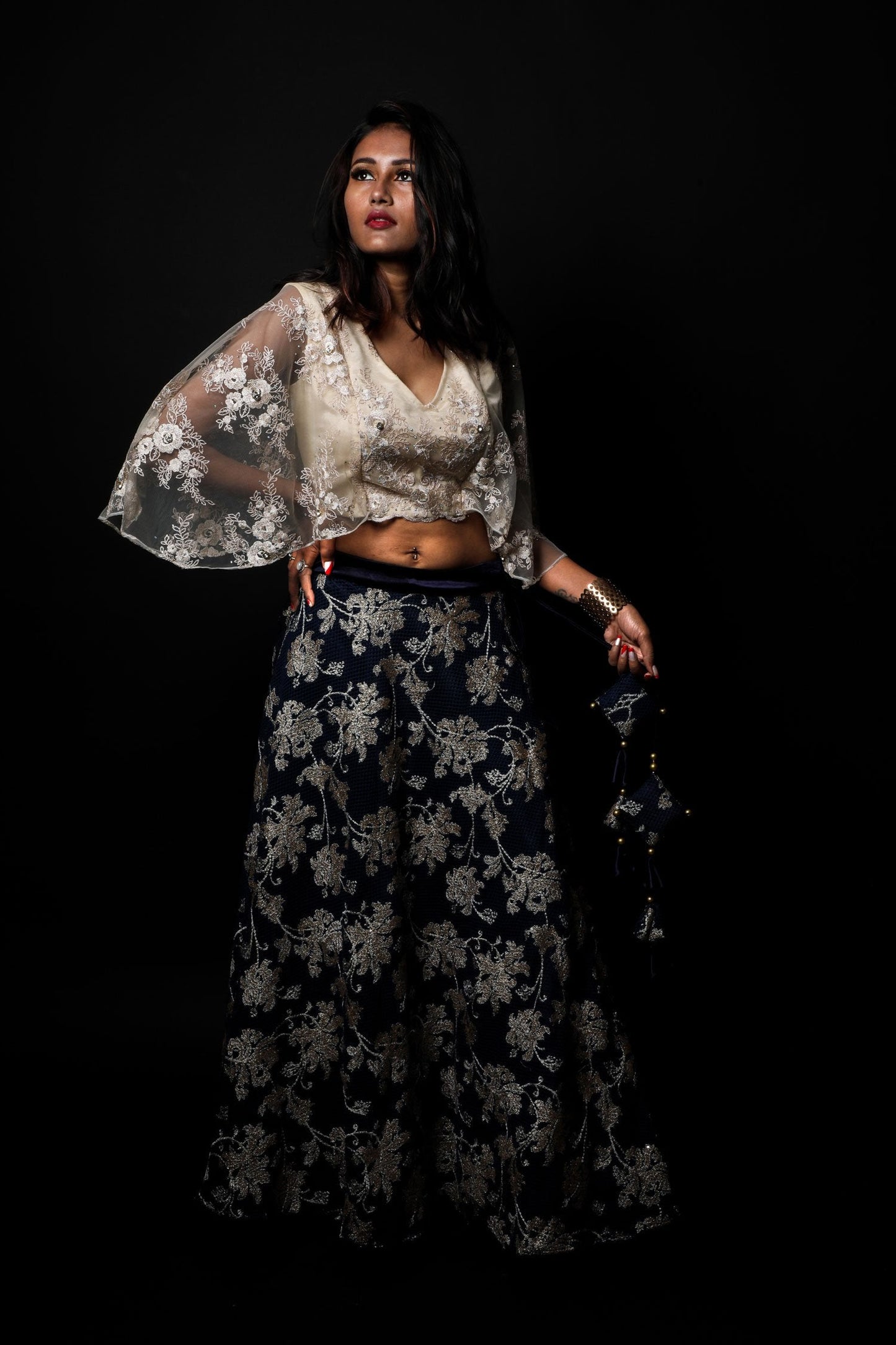 Persian Blue And Cream Color Indowestern Designer Skirt Set - Nightfall - Naksheband