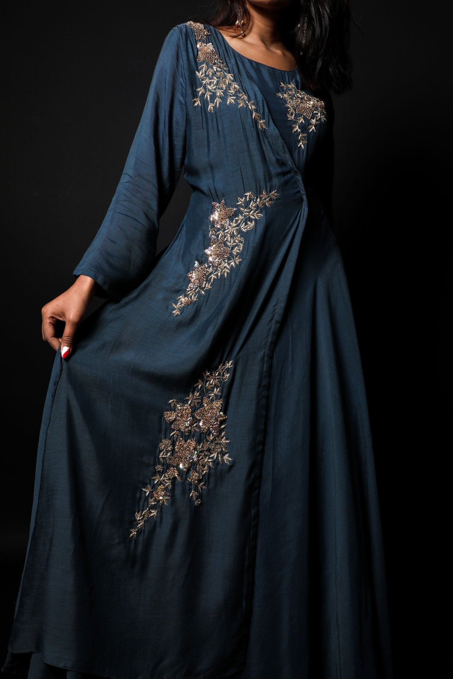 Dark Lead Grey Color  Indowestern Designer Gown Dress - New Taupe - Naksheband