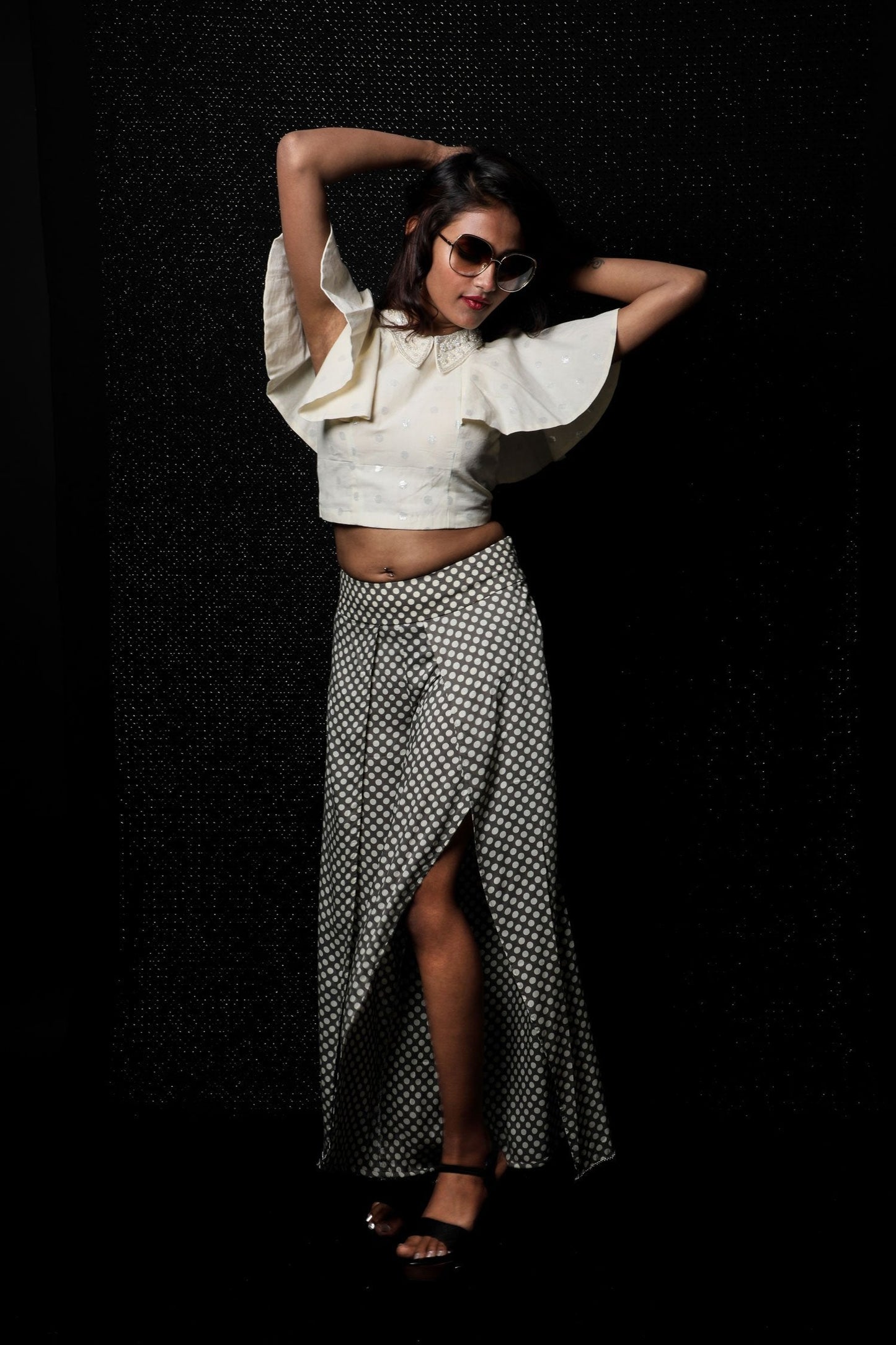 Granite And White Color Indowestern Designer Plazzo Pant Top - Polka Power - Naksheband