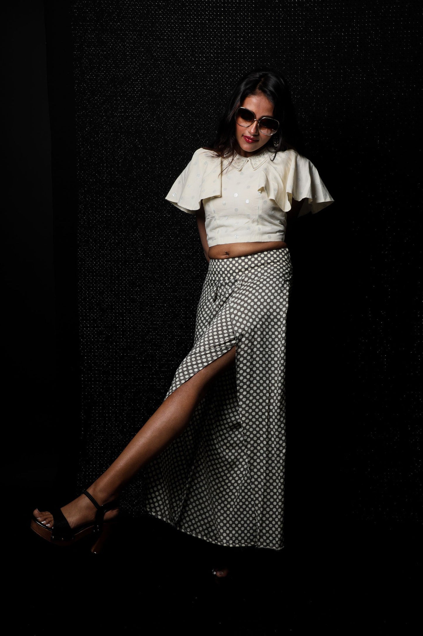Granite And White Color Indowestern Designer Plazzo Pant Top - Polka Power - Naksheband