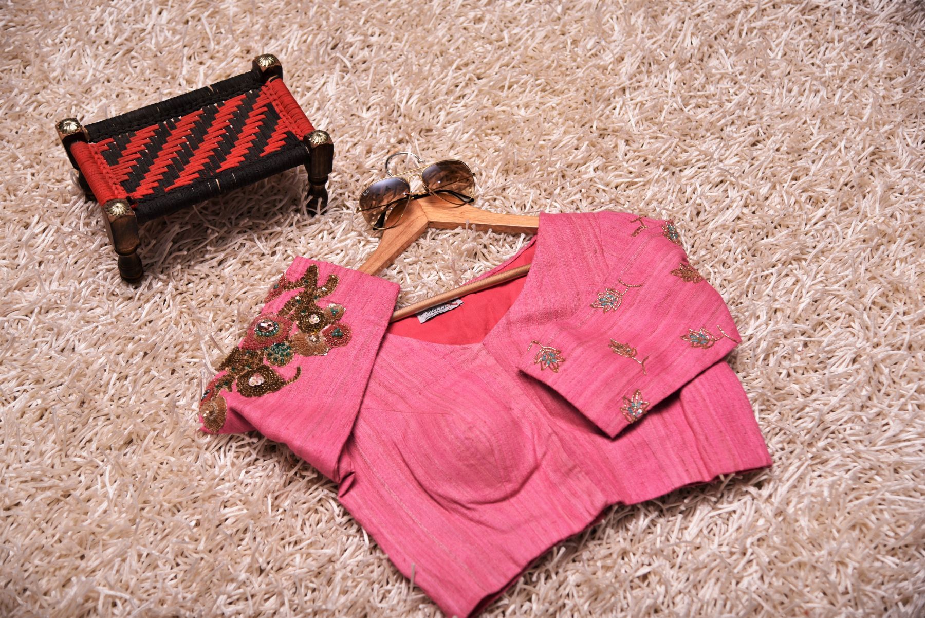 Pink Color Raw Silk Designer Embroidery Blouse - Luscious Pink - Naksheband