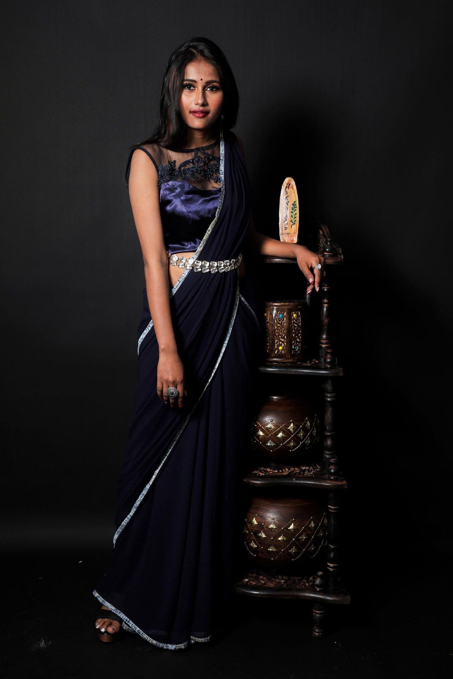 Navy Blue Color Designer Pure Georgette Saree - Truffle Blue - Naksheband