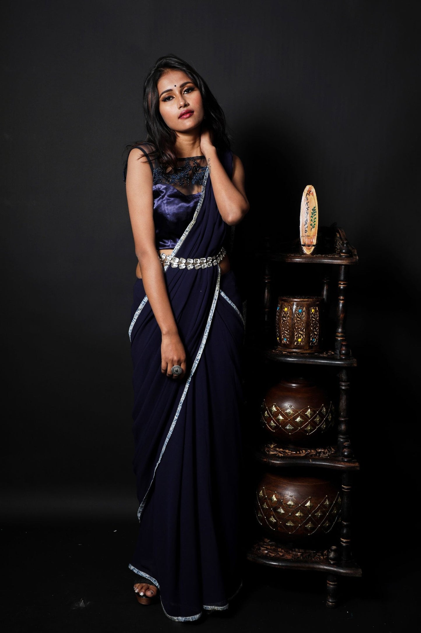 Navy Blue Color Designer Pure Georgette Saree - Truffle Blue - Naksheband