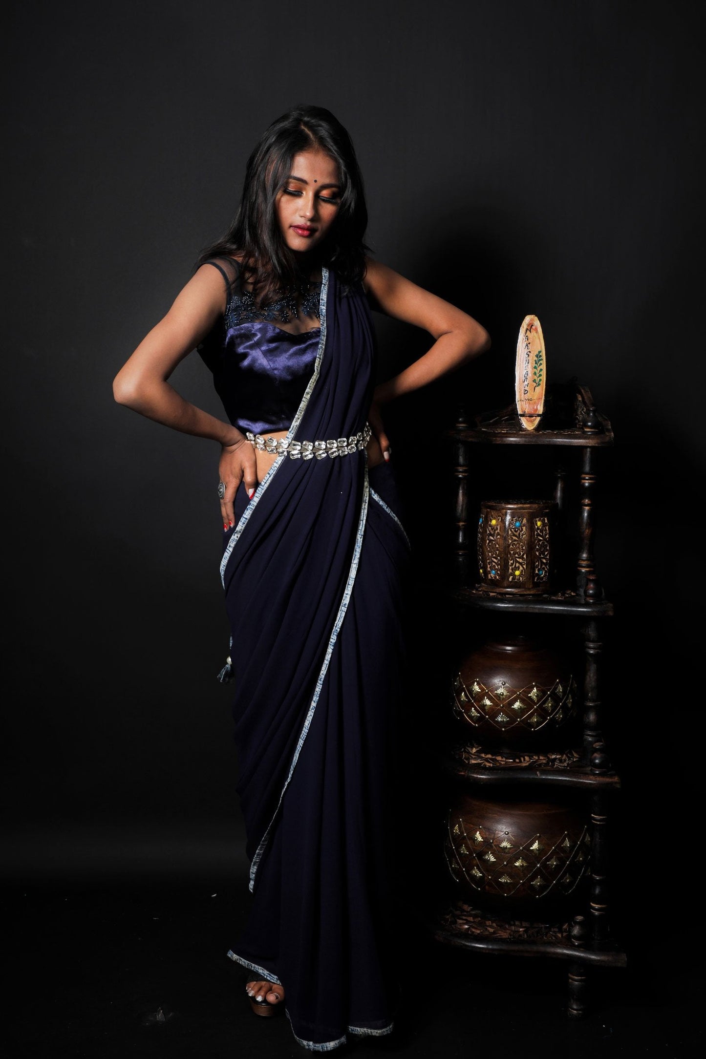Navy Blue Color Designer Pure Georgette Saree - Truffle Blue - Naksheband