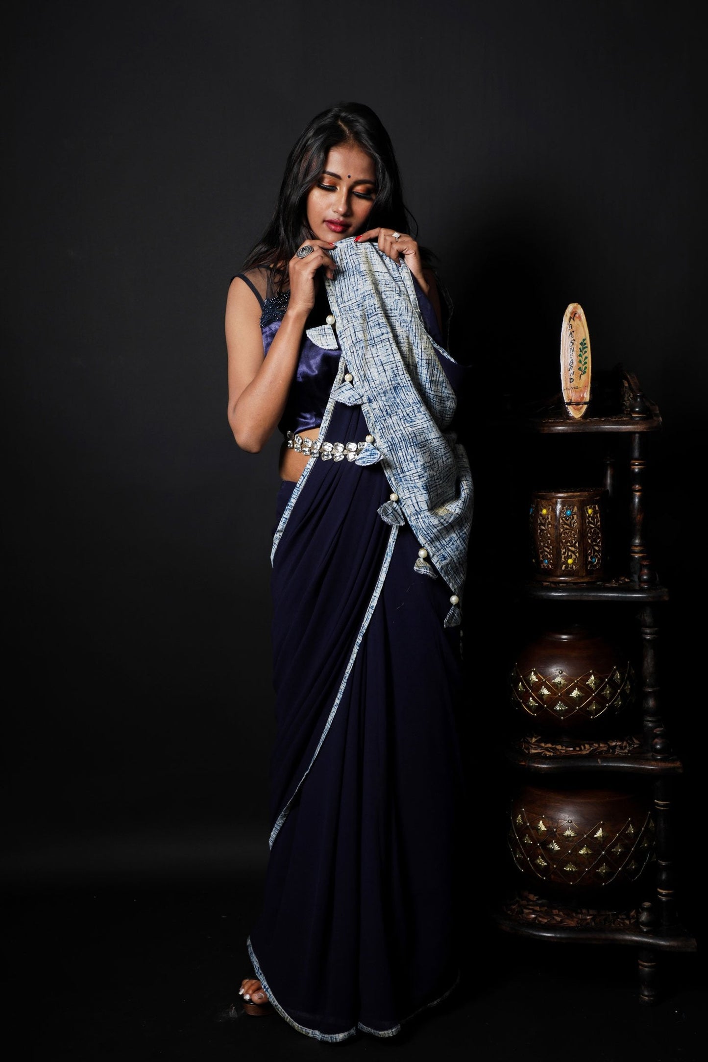 Navy Blue Color Designer Pure Georgette Saree - Truffle Blue - Naksheband