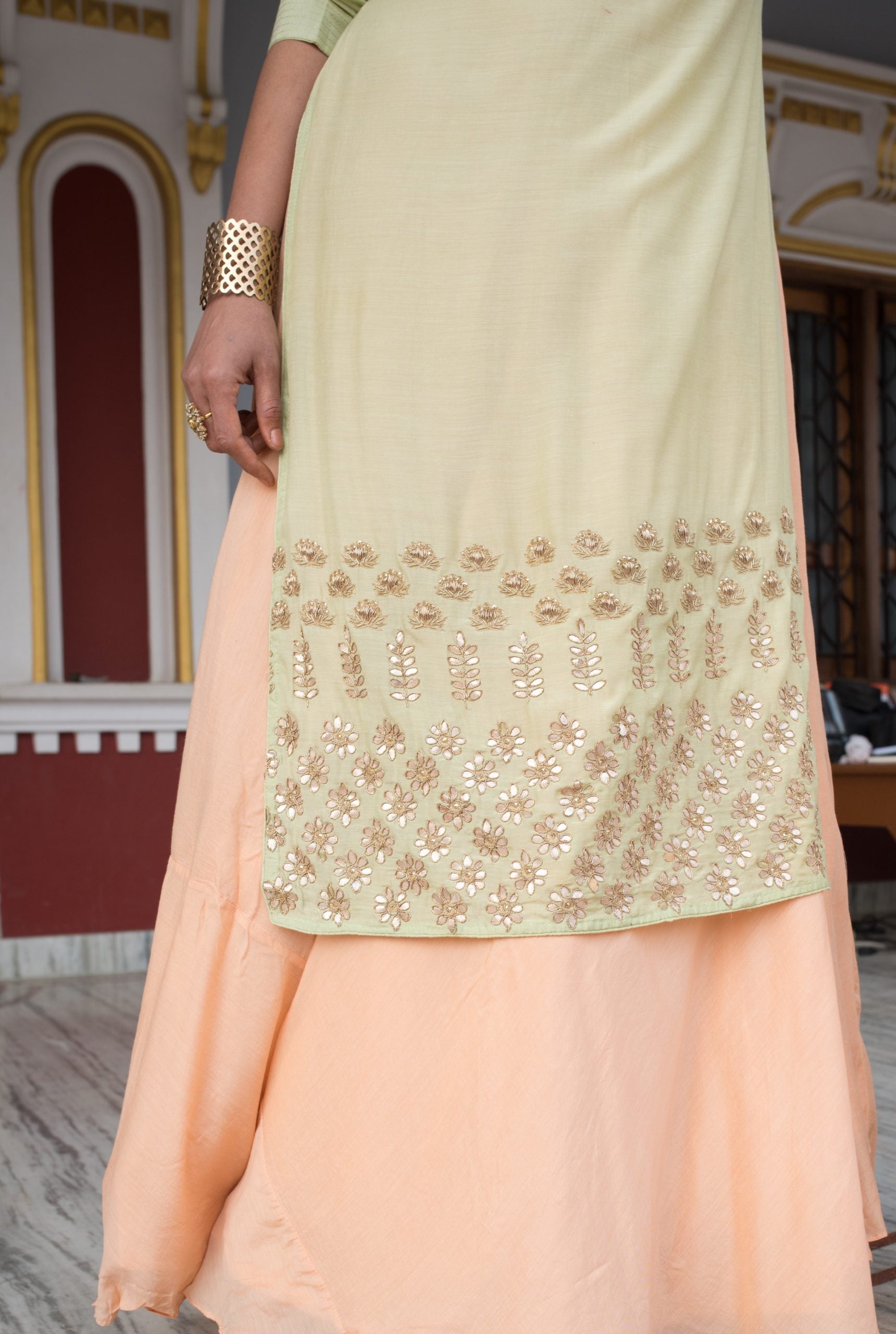 Peach Base With Pista Gota Patti Designer Gown - Umber - Naksheband