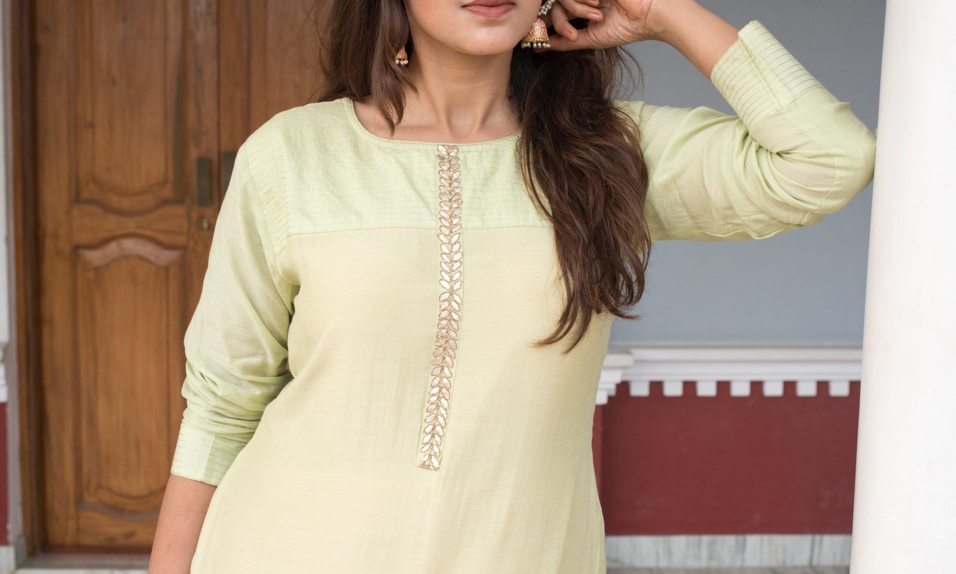 Peach Base With Pista Gota Patti Designer Gown - Umber - Naksheband