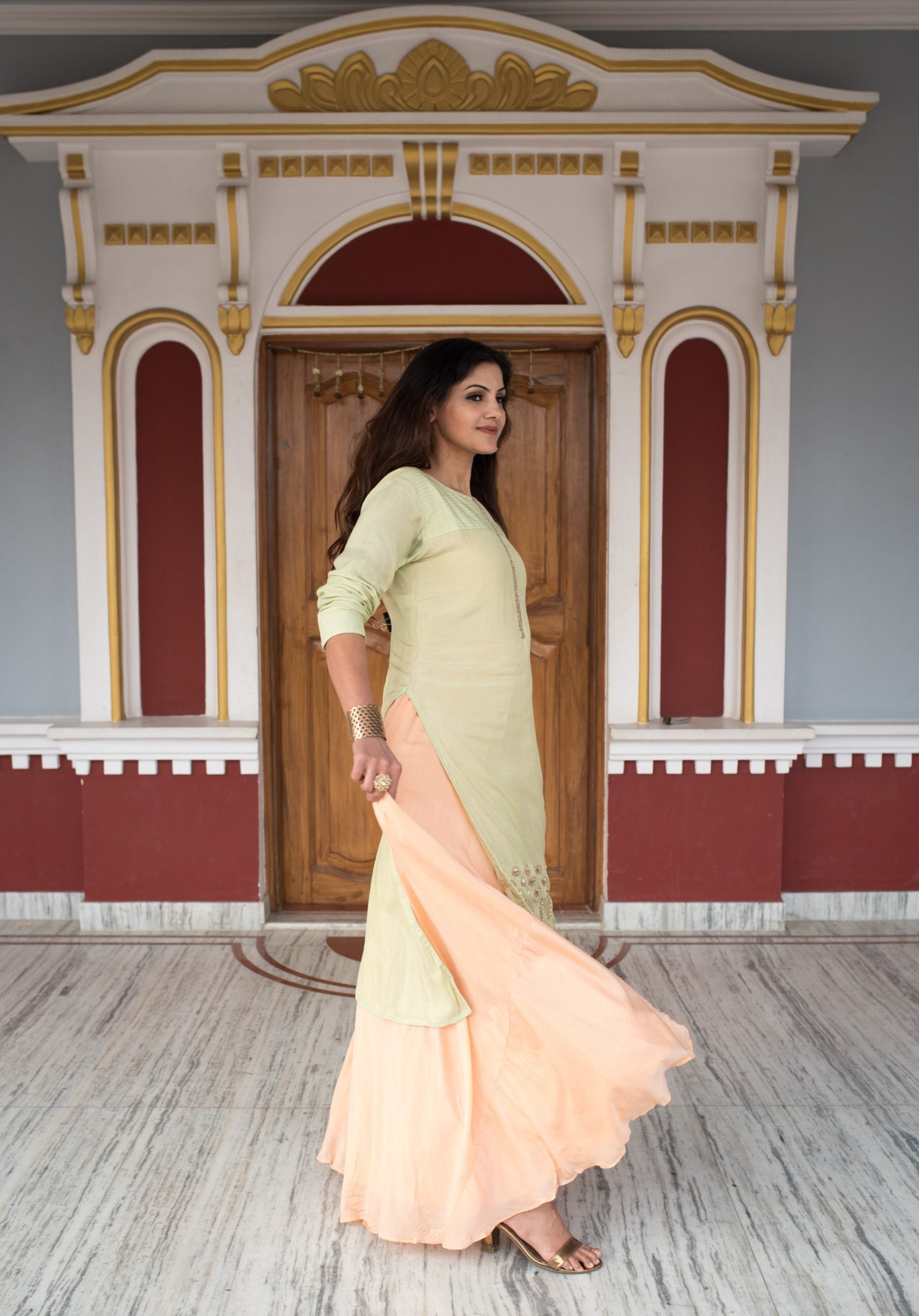 Peach Base With Pista Gota Patti Designer Gown - Umber - Naksheband