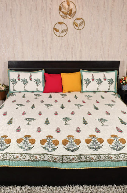 White Floral Block Printed Cotton Double Bedcover