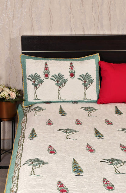 White Floral Block Printed Cotton Double Bedcover