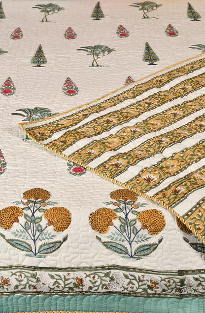 White Floral Block Printed Cotton Double Bedcover