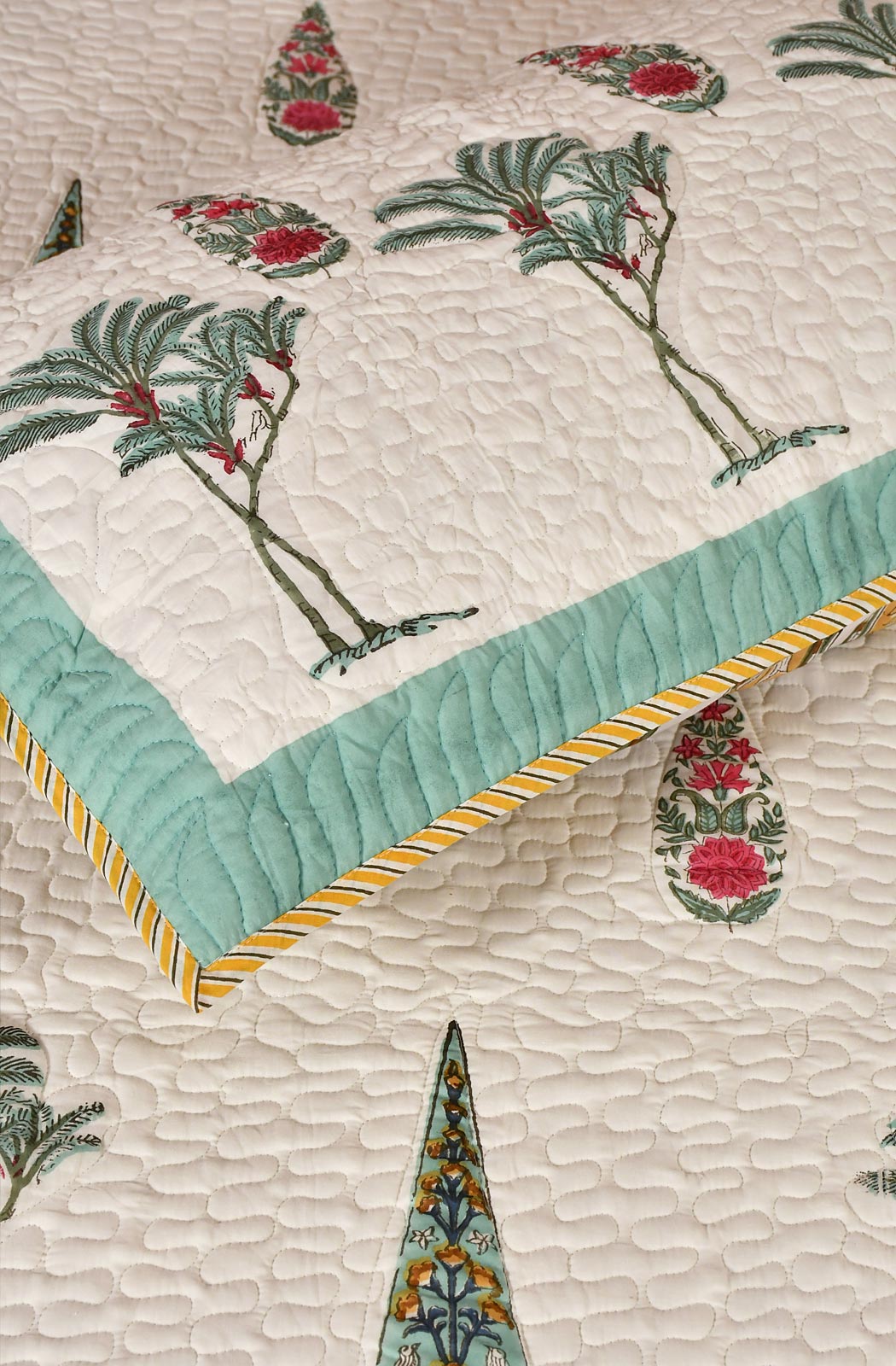 White Floral Block Printed Cotton Double Bedcover
