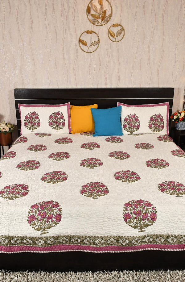 White Floral Block Printed Cotton Double Bedcover