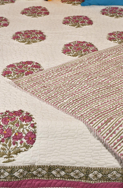 White Floral Block Printed Cotton Double Bedcover