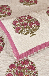 White Floral Block Printed Cotton Double Bedcover