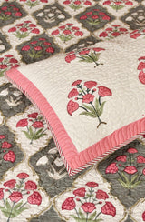 White Floral Block Printed Cotton Double Bedcover