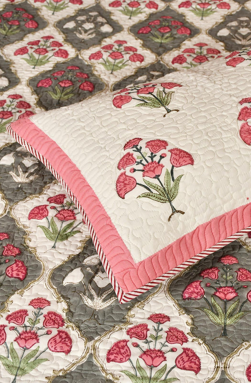 White Floral Block Printed Cotton Double Bedcover