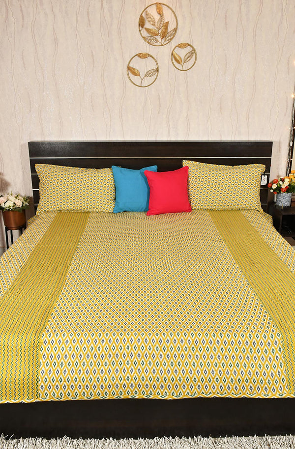 Yellow Floral Block Printed Cotton Double Bedcover