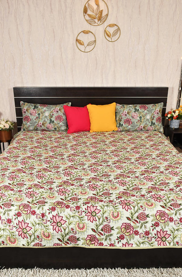 Sea Green Floral Block Printed Cotton Double Bedcover