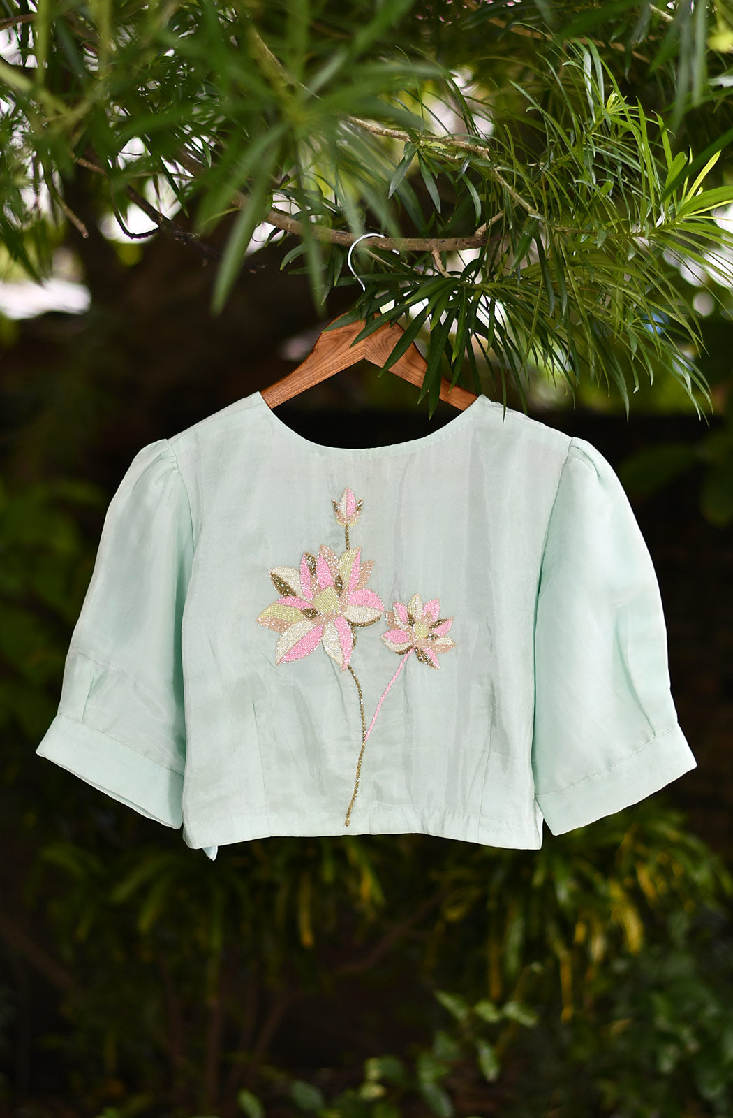 Light Sea Green Hand Embroidered Pure Uppada Silk Blouse - Naksheband