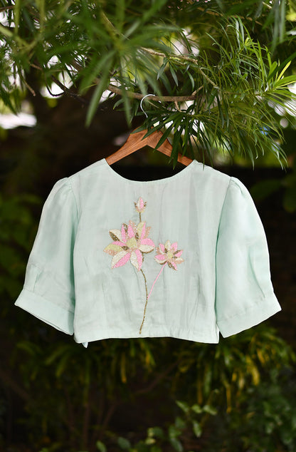 Light Sea Green Hand Embroidered Pure Uppada Silk Blouse - Naksheband
