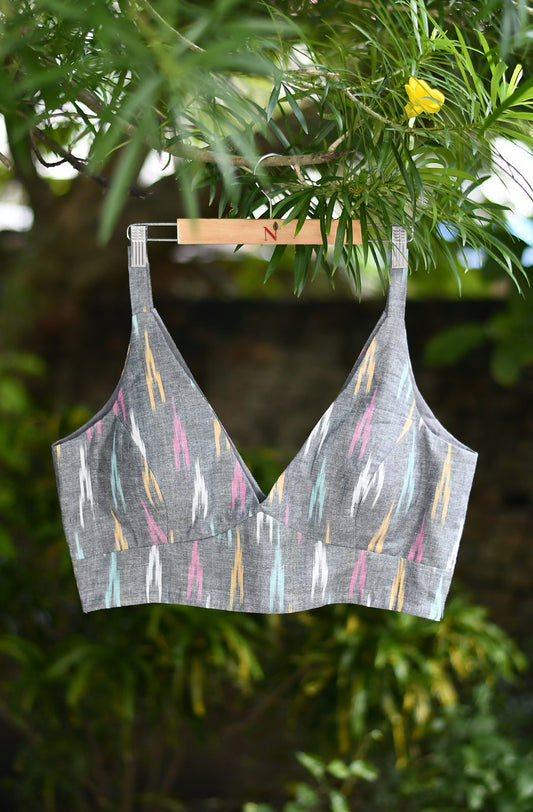 Grey Ikkat  Print Cotton Blouse - Naksheband